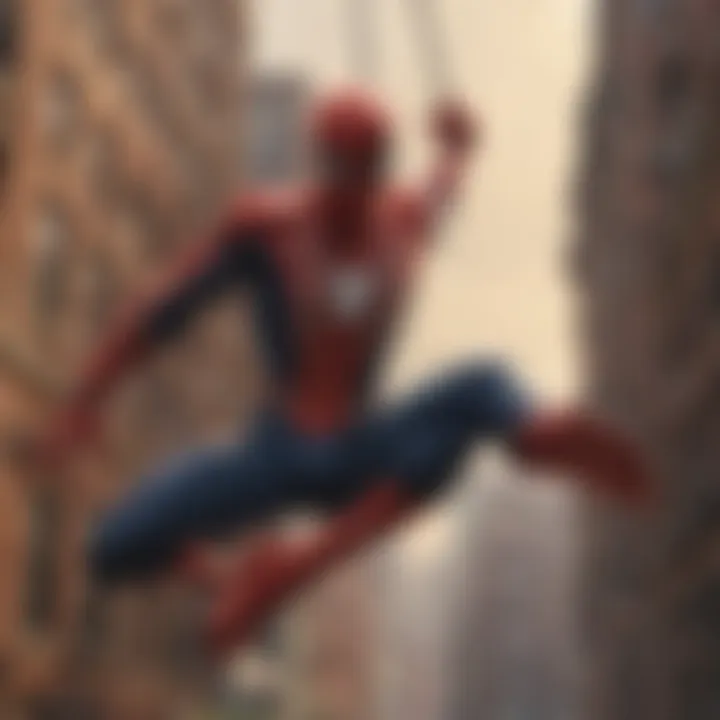 Iconic Spider-Man swinging through the city skyline.