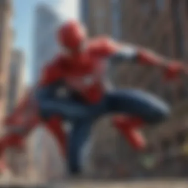 Epic Showdown in the Cityscape Spider-Man in action against a backdrop of skyscrapers