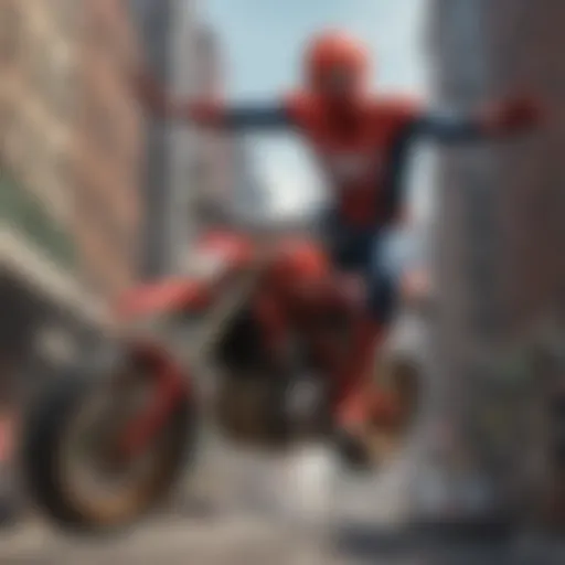 Spiderman showcasing incredible agility on the motorcycle