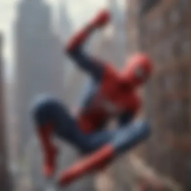 Spider-Man swinging through cityscape at sunset