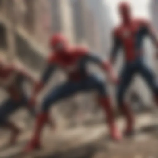 Spider-Man swinging alongside Avengers in a dynamic action pose