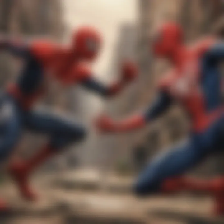 Close-up of Spiderman battling a villain in a game