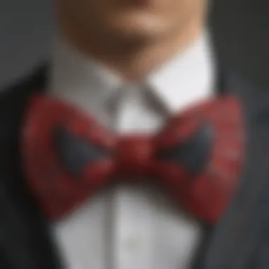 A stylish close-up of a Spiderman-themed bow tie showcasing intricate web patterns and vibrant colors.