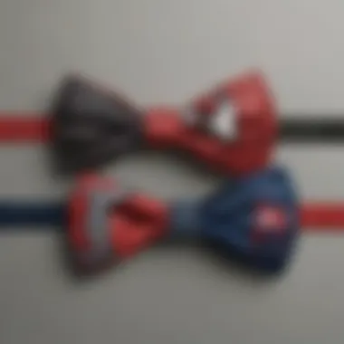 A collection of various Spiderman bow ties displayed elegantly on a table, highlighting their unique designs and colors.