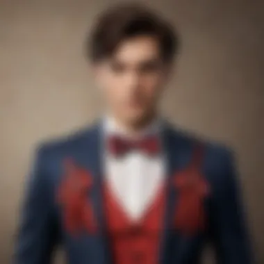 A chic outfit featuring a Spiderman bow tie paired with a formal shirt and blazer, demonstrating stylish versatility.