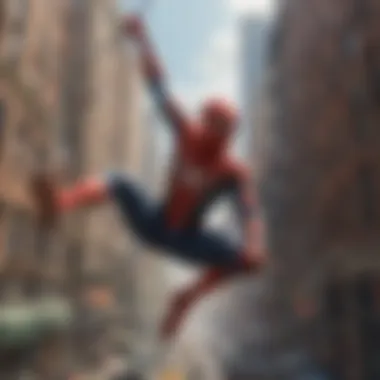 Dynamic action shot of Spider-Man swinging through city skyscrapers