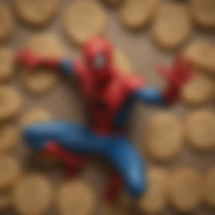 Close-up of Spider-Man cookies arranged in a superhero-themed display