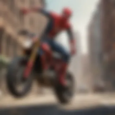 Spiderman performing daring stunts on the motorcycle