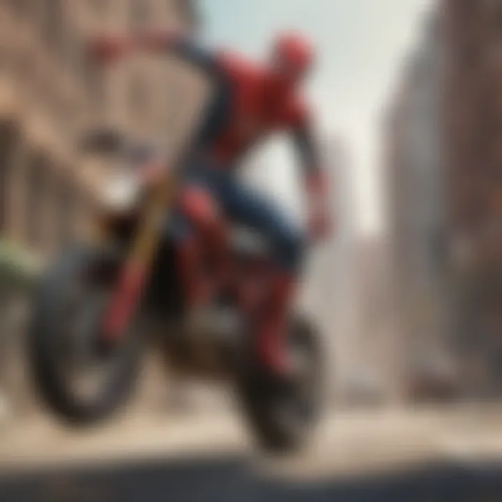 Spiderman performing daring stunts on the motorcycle