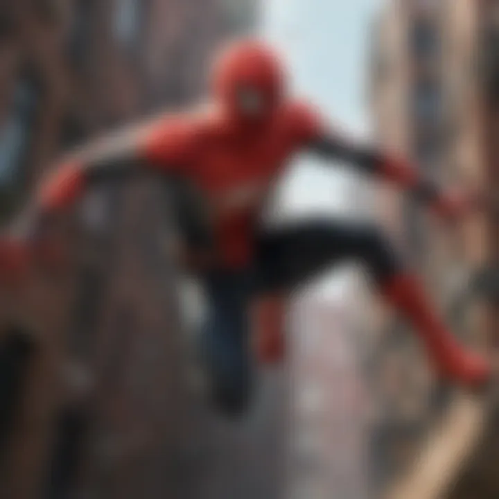 Spider-Man swinging through a cityscape