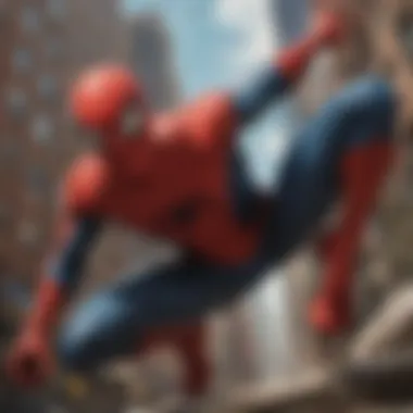 Spiderman flying through cityscape in comic panel