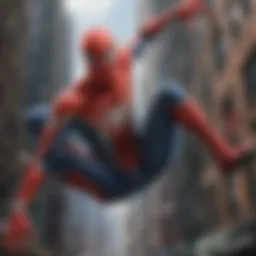 A gripping Spider-Man web-slinging through a futuristic cityscape