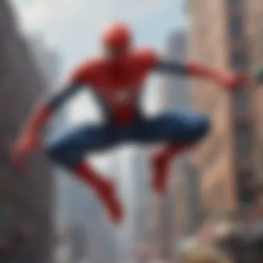 Spiderman game toy swinging through cityscape