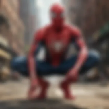 Iconic Moment: Spider-Man Stands Tall Spiderman in a heroic pose atop a skyscraper