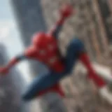 Dynamic aerial view of Spider-Man swinging through the city