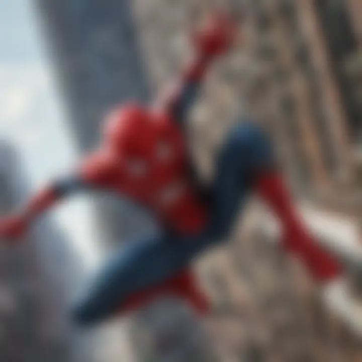 Dynamic aerial view of Spider-Man swinging through the city