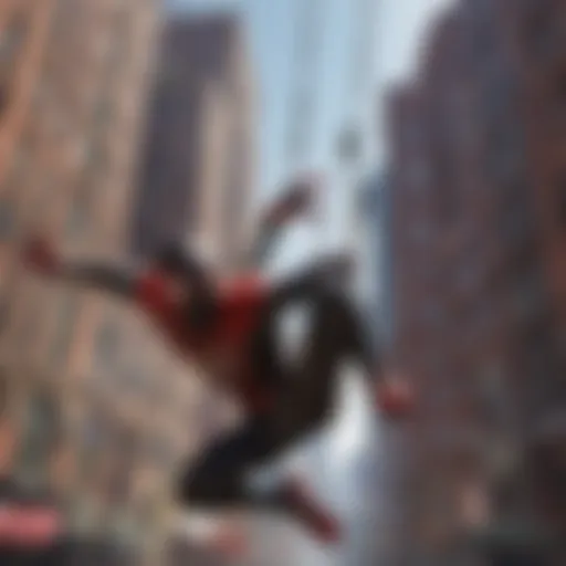 Superhero swinging through cityscape