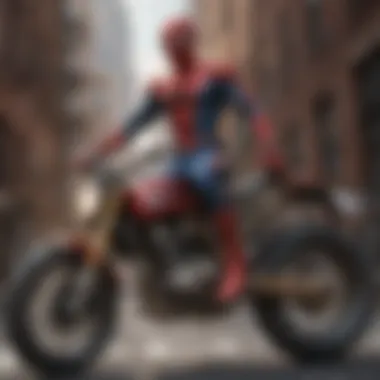 Spiderman and motorcycle against a dramatic city backdrop