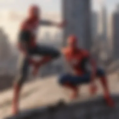 Spider-Man facing multiple foes on city rooftops