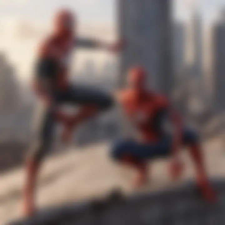 Spider-Man facing multiple foes on city rooftops