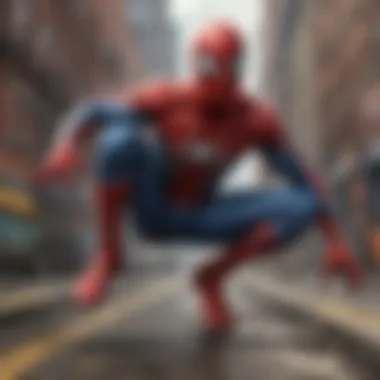 Masked vigilante swinging through cityscape