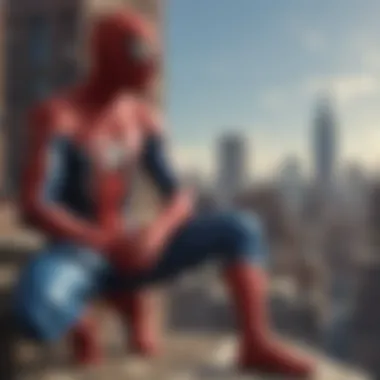 Spider-Man in a reflective moment overlooking the city at sunset