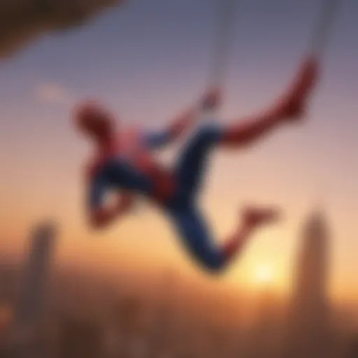 Spider-Man swinging through the city at sunset