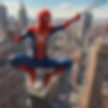 Cityscape view from the perspective of Spider-Man swing set