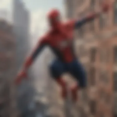 Spider-Man swinging through a bustling cityscape