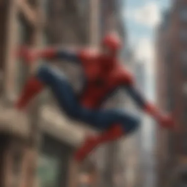 Urban elegance: Spiderman gracefully swinging through the cityscape Spiderman swinging in the city