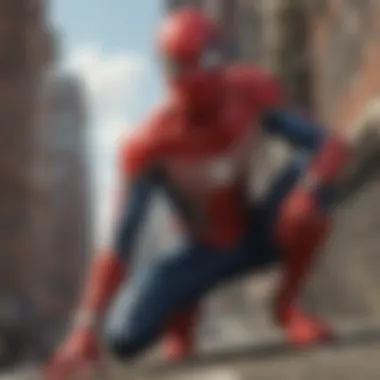 Digital rendering of Spider-Man swinging through futuristic cityscape