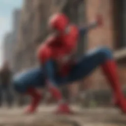 A cinematic view of Spider-Man swinging through New York City.