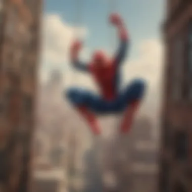 Illustration of Spiderman swinging through the city skyline