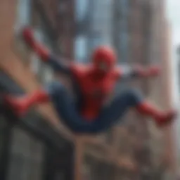 Tom Holland in Spiderman costume swinging through cityscape