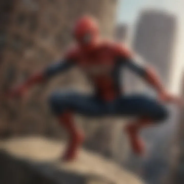 Spiderman swinging gracefully through the urban skyline