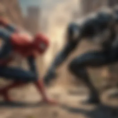 Epic showdown: Spiderman engaging in a fierce face-off with Venom Spiderman and Venom face-off