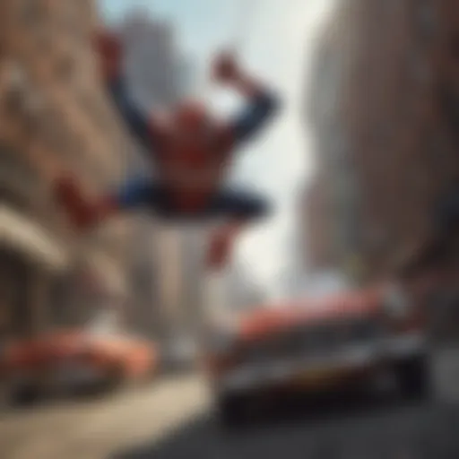 Spiderman swinging from a vintage car in an action-packed scene