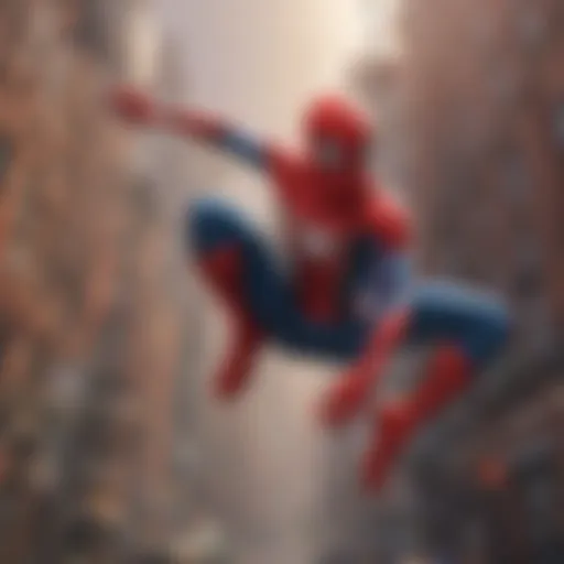 Virtual reality Spiderman swinging through futuristic cityscape