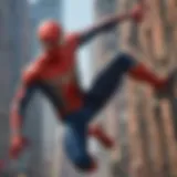 Spider-Man's iconic web-slinging pose against a city skyline backdrop