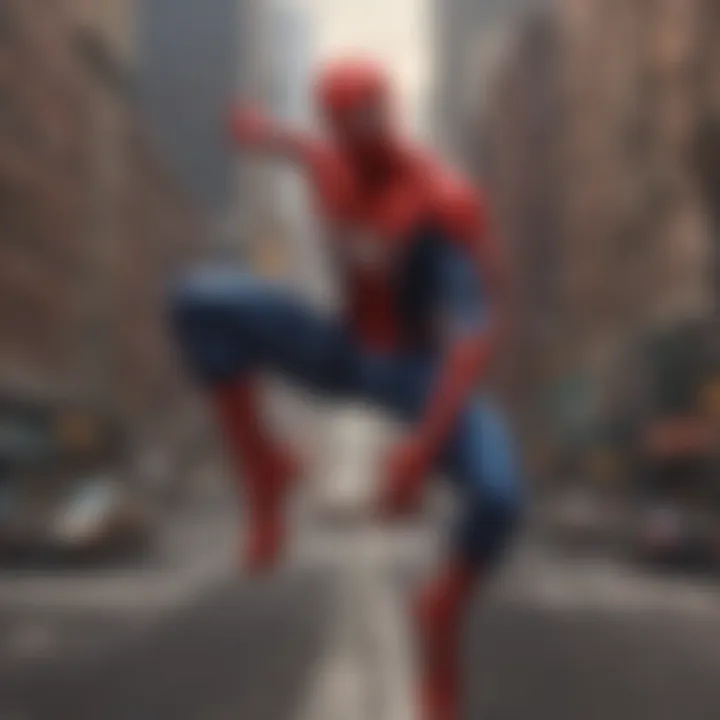 Spiderman web-swinging through New York skyline