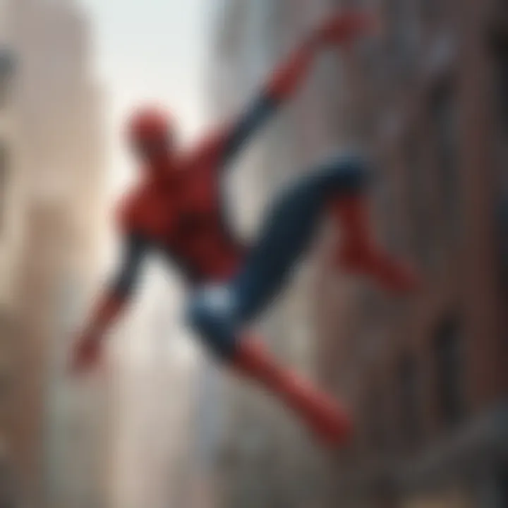 Spider-Man swinging through the city at dusk