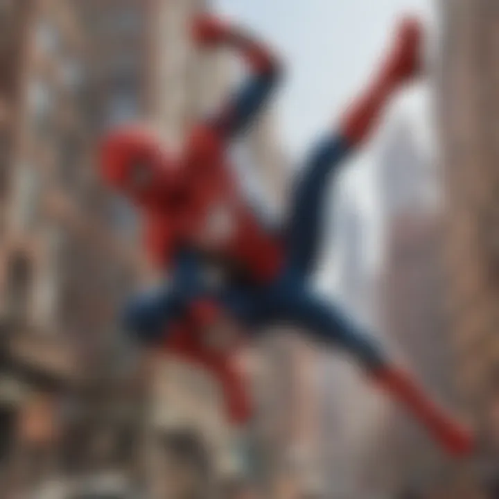 An artistic representation of Spider-Man swinging through a city skyline at sunset.