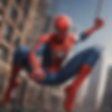 Superhero swinging through New York City