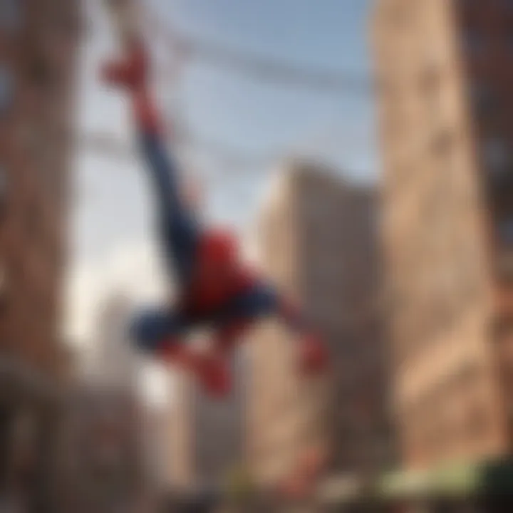 Spiderman swinging through the city