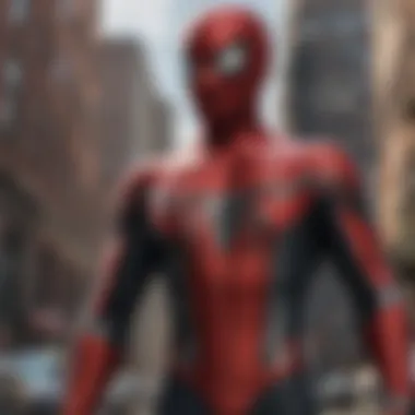 A close-up of Spider-Man's suit with intricate details