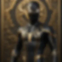 A detailed view of the black suit adorned with gold trim