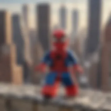 The Amazing Spider-Man LEGO set displayed with iconic NYC skyline.