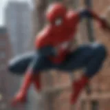 Artwork showcasing Spider-Man swinging through a cinematic cityscape.