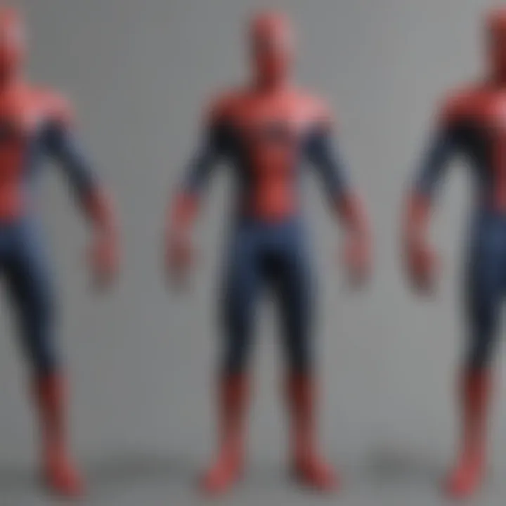 Concept art illustrating the evolution of Spider-Man's suit over the years.