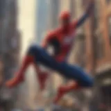 Dynamic view of Spider-Man swinging through a cityscape